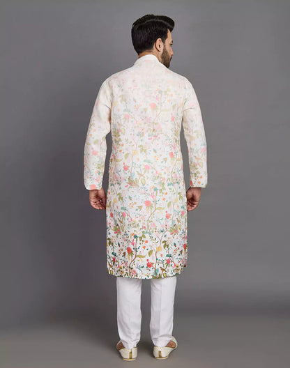 Elegant Cream Coloured All Over Floral Print Cotton Kurta