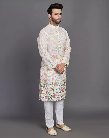 Elegant Cream Coloured All Over Floral Print Cotton Kurta