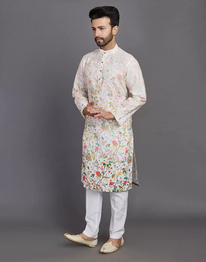 Elegant Cream Coloured All Over Floral Print Cotton Kurta