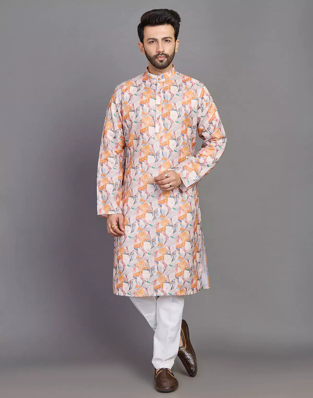 Orange Coloured Graphic Print Stylish Cotton Kurta