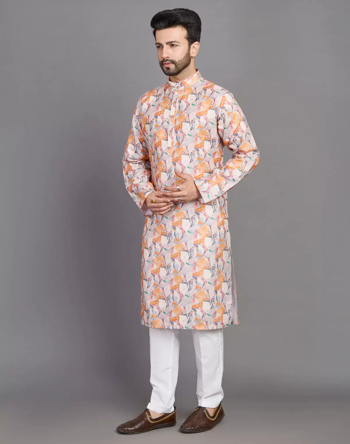 Orange Coloured Graphic Print Stylish Cotton Kurta
