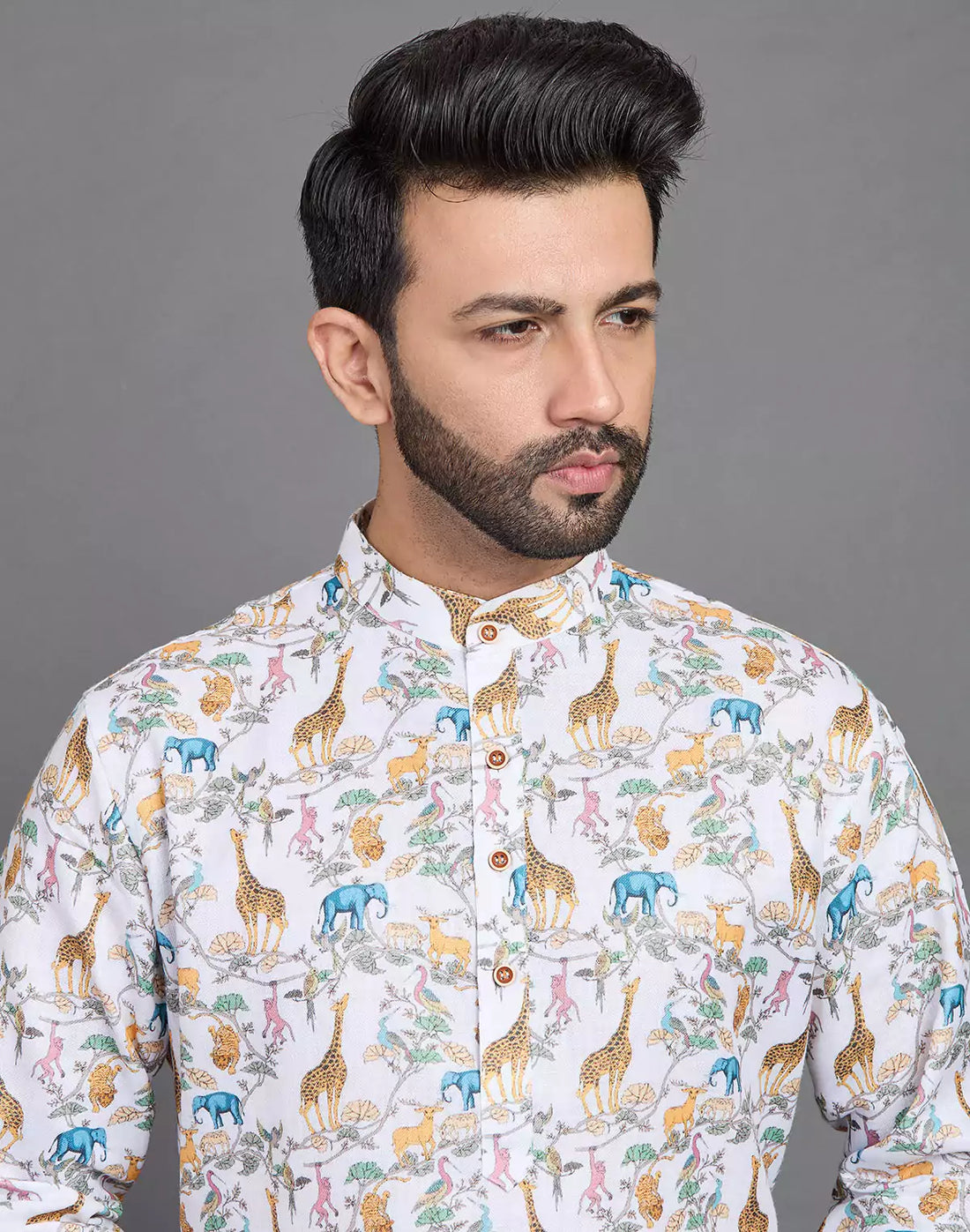 Stylish Yellow Floral With Animal Print Cotton Kurta