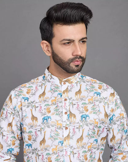 Stylish Yellow Floral With Animal Print Cotton Kurta