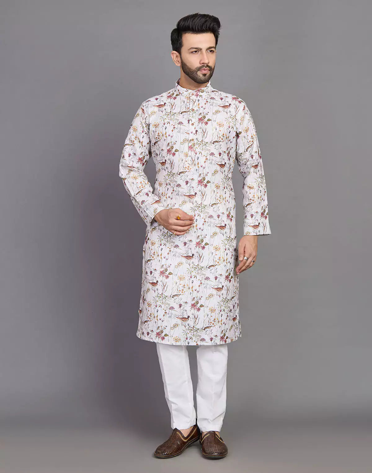 Cotton Leaf and Birds Printed Party Wear Style Kurta