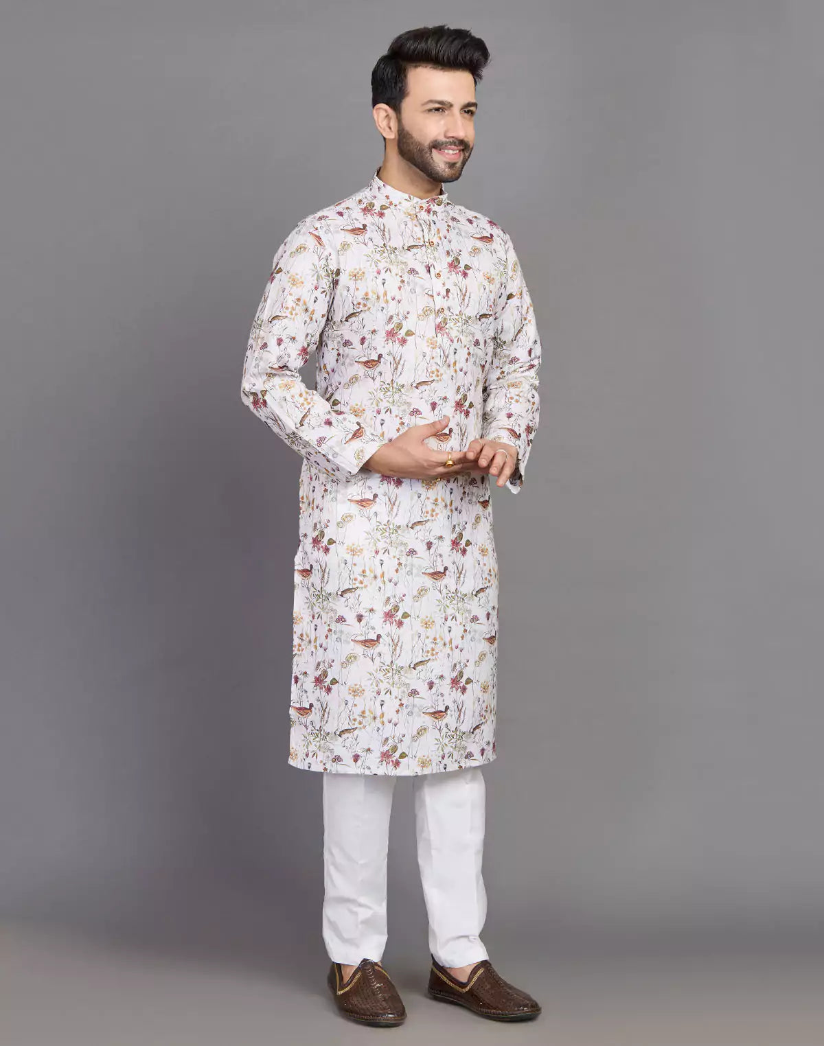 Cotton Leaf and Birds Printed Party Wear Style Kurta