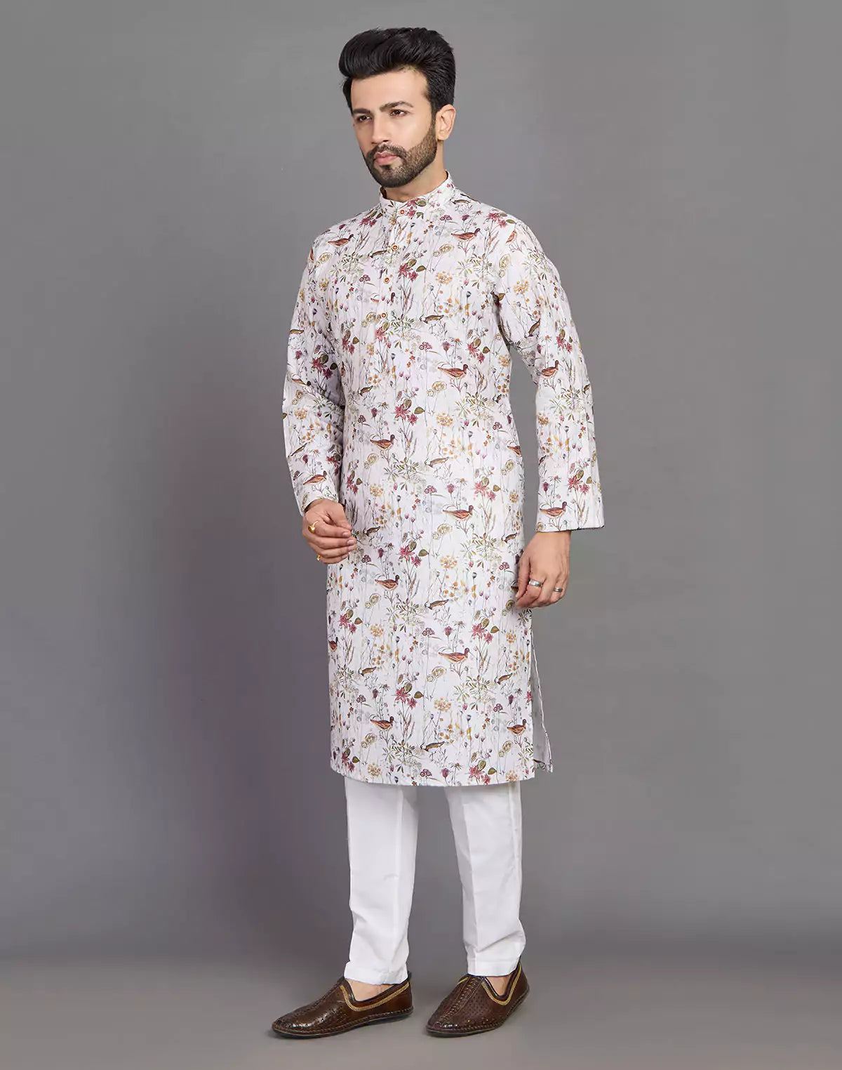 Cotton Leaf and Birds Printed Party Wear Style Kurta