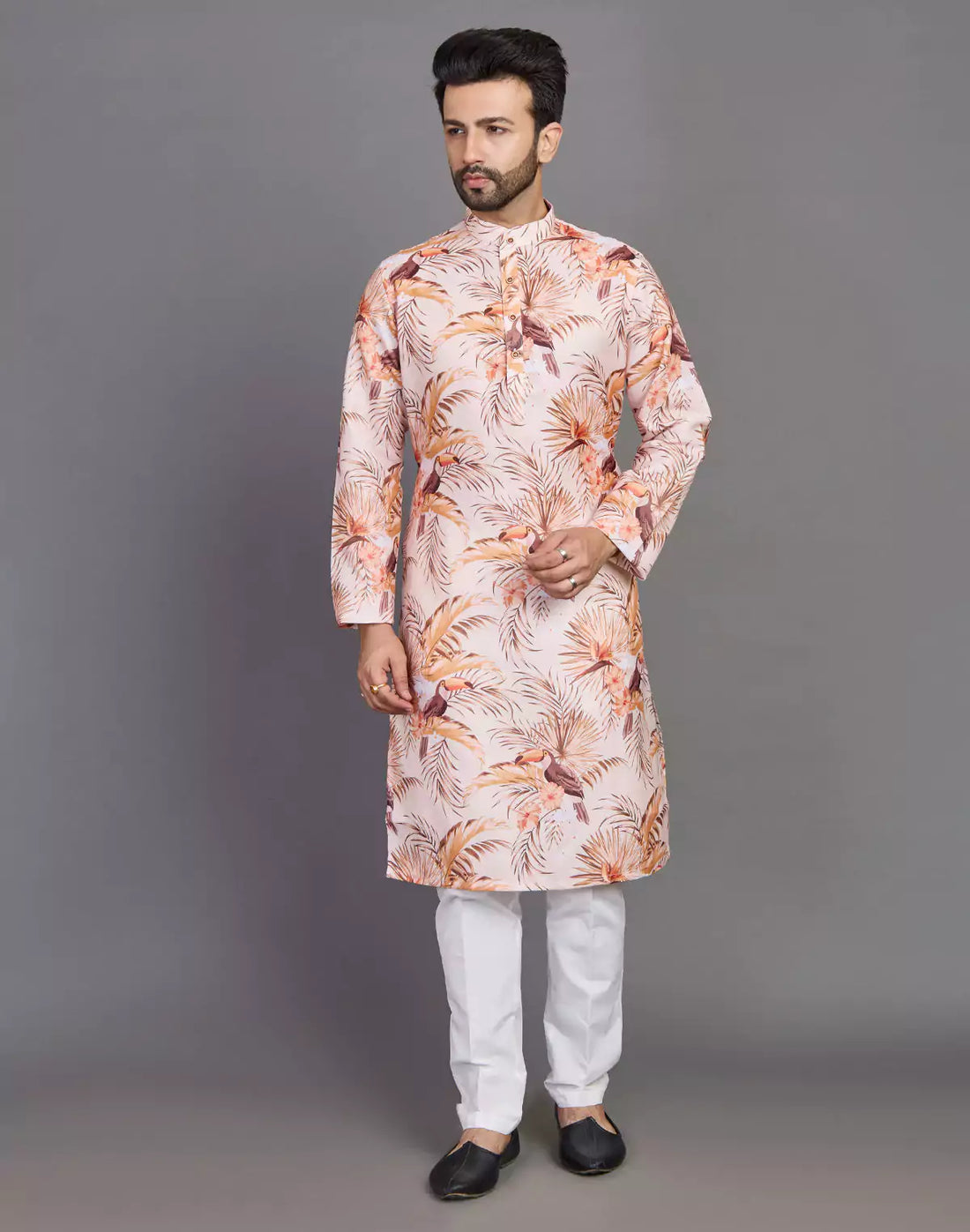 Floral Print Cotton Peach Coloured Party Wear Kurta