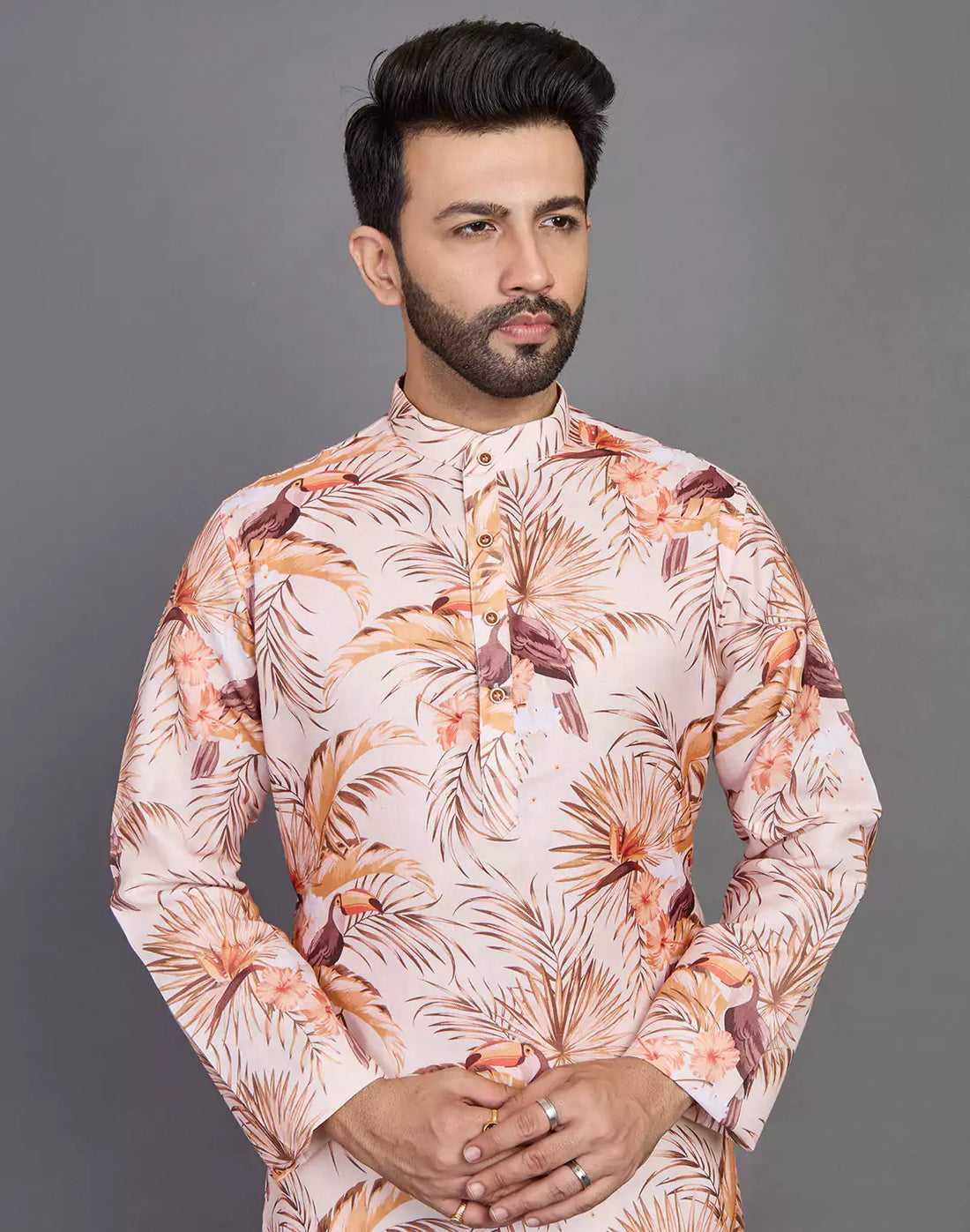 Floral Print Cotton Peach Coloured Party Wear Kurta