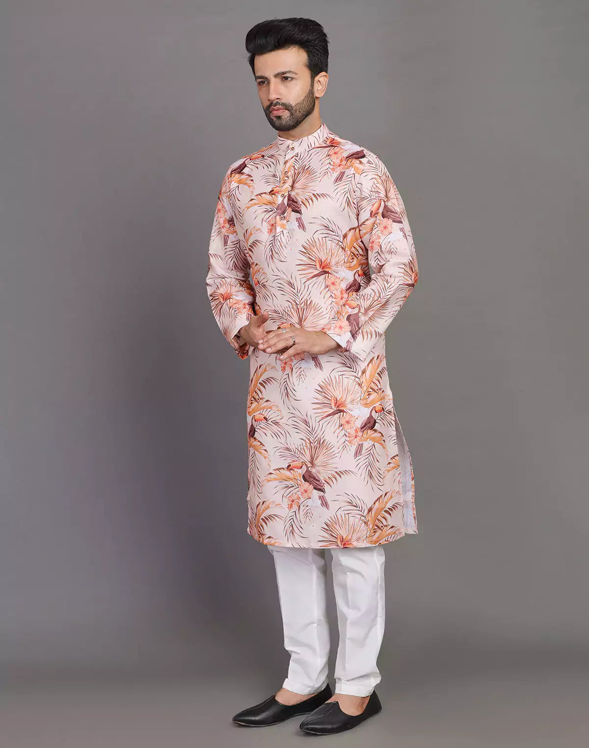 Floral Print Cotton Peach Coloured Party Wear Kurta