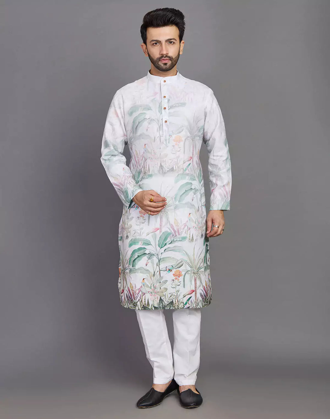 Light Pista All Over Floral Printed Cotton Kurta