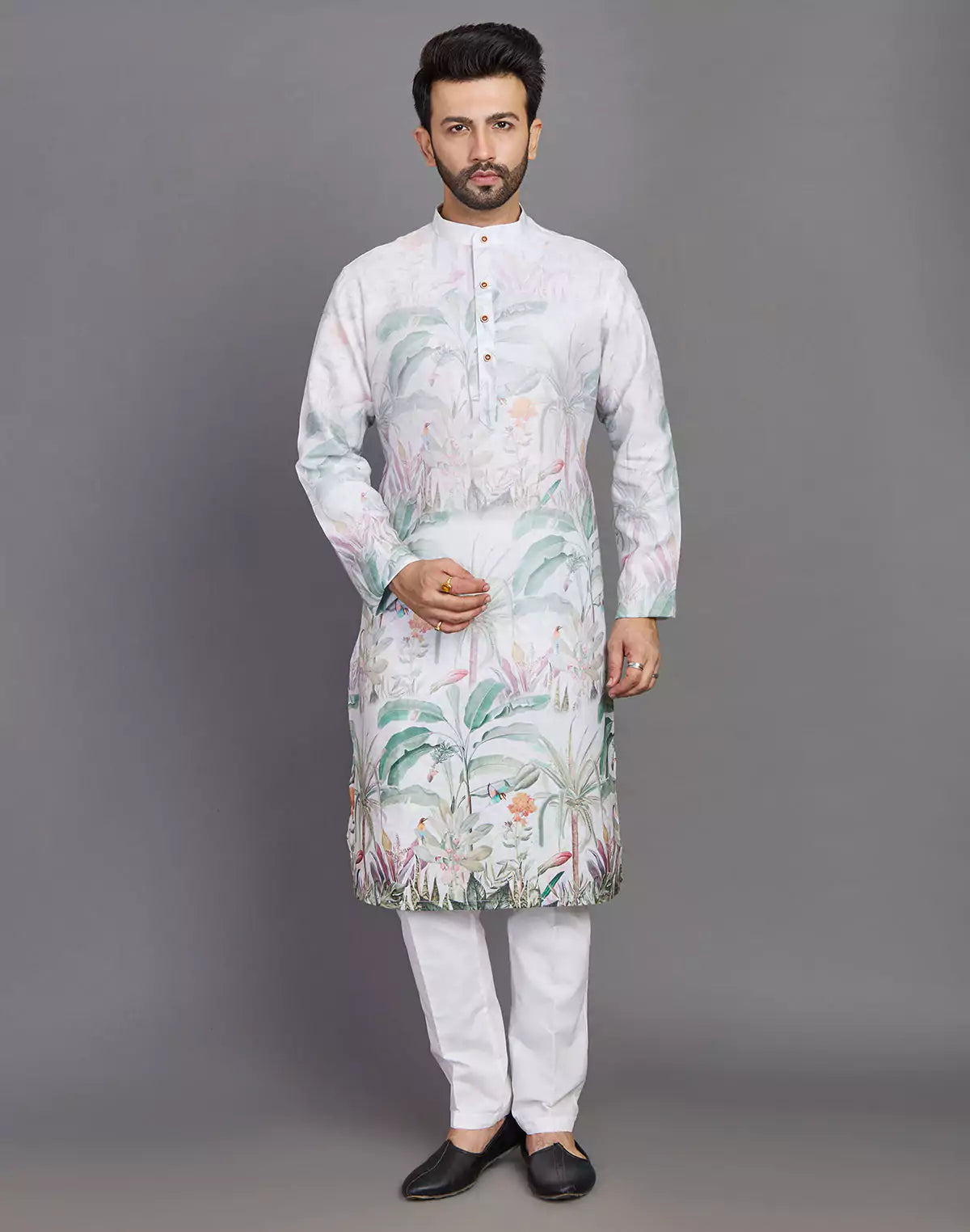 Light Pista All Over Floral Printed Cotton Kurta