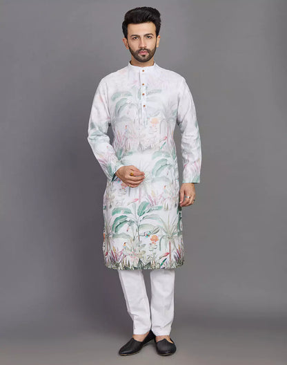 Light Pista All Over Floral Printed Cotton Kurta