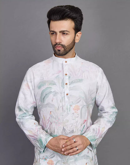 Light Pista All Over Floral Printed Cotton Kurta