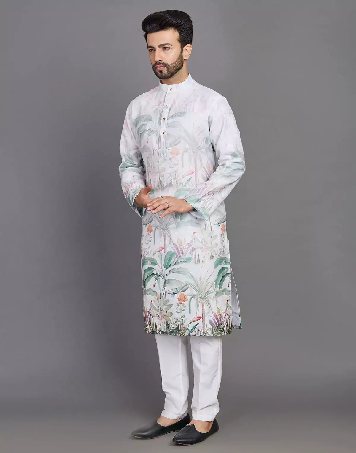 Light Pista All Over Floral Printed Cotton Kurta