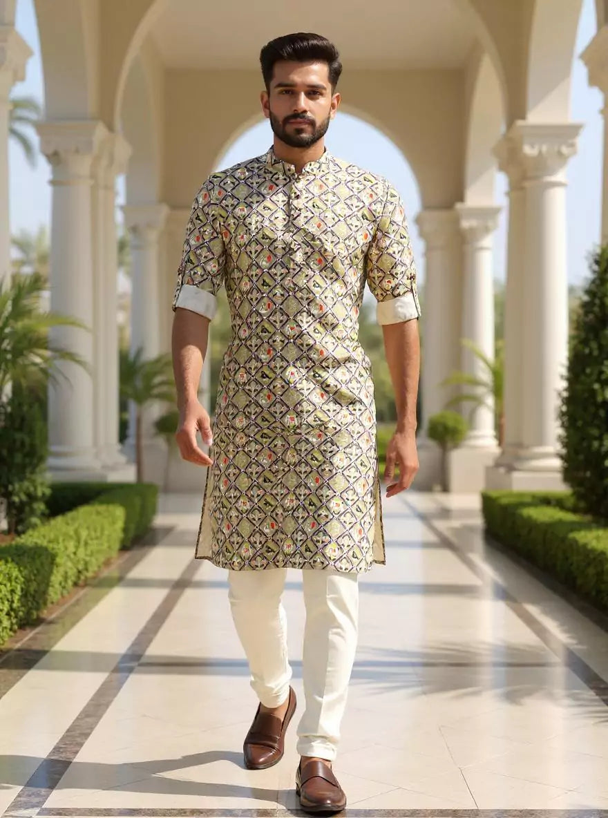 Fawn Ikat Print Regular Fit Giza Cotton Kurta