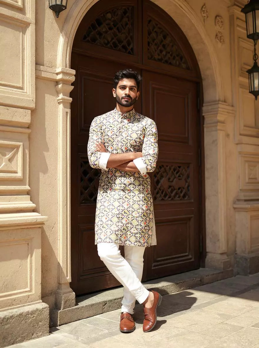 Fawn Ikat Print Regular Fit Giza Cotton Kurta
