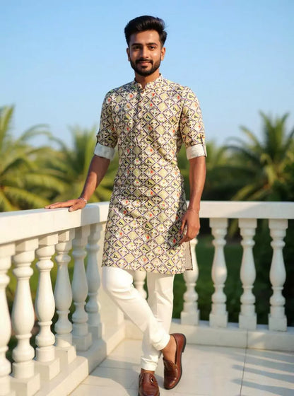 Fawn Ikat Print Regular Fit Giza Cotton Kurta