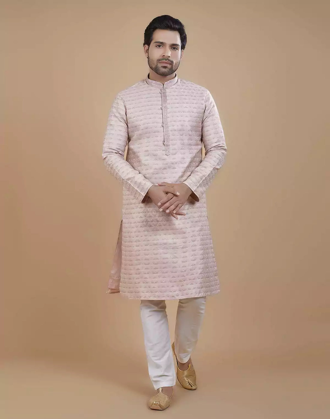Light Pink Coloured Silk Fabric Kurta Pajama Set