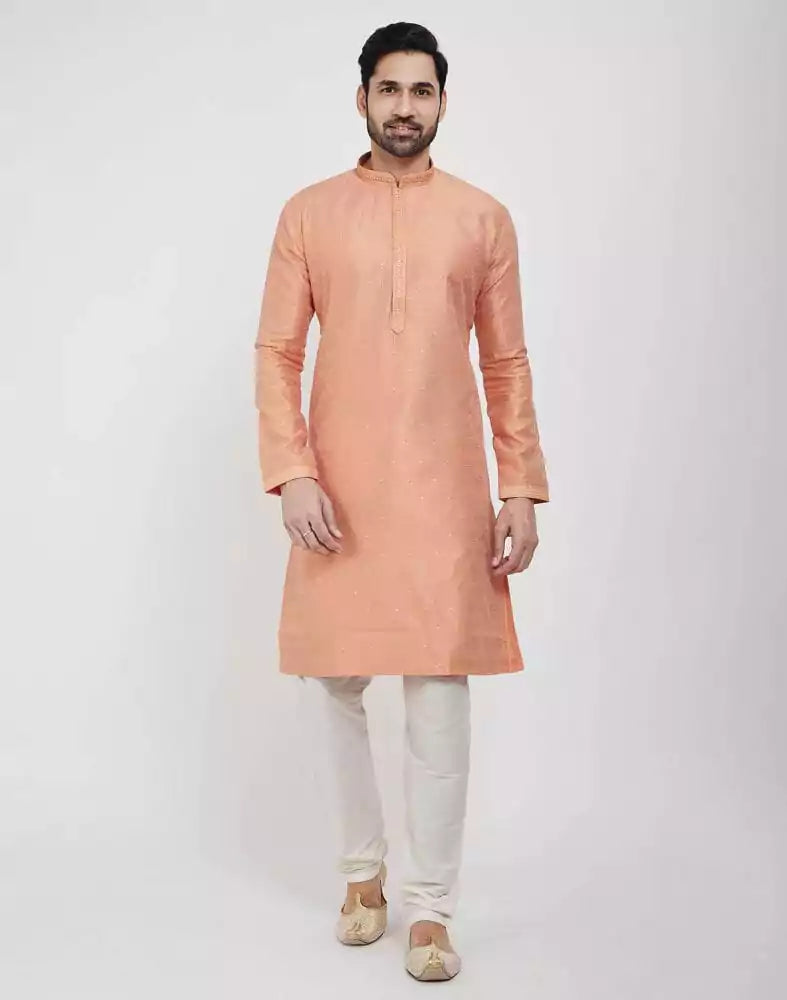 Orange Thread &amp; Sequence Work Kurta Pajama Set