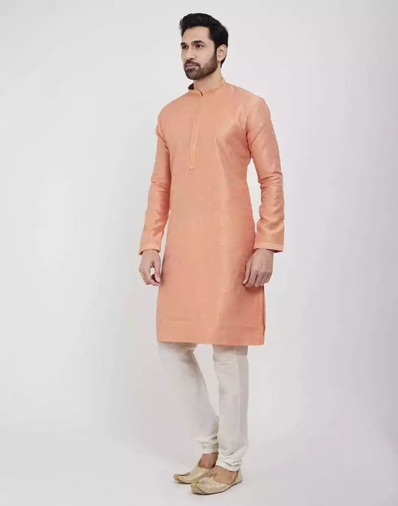 Orange Thread &amp; Sequence Work Kurta Pajama Set