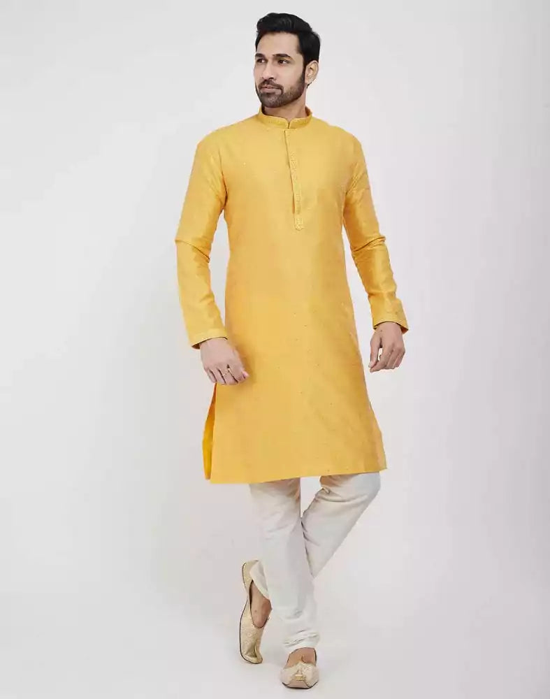 Yellow Thread &amp; Sequence Work Kurta Pajama Set