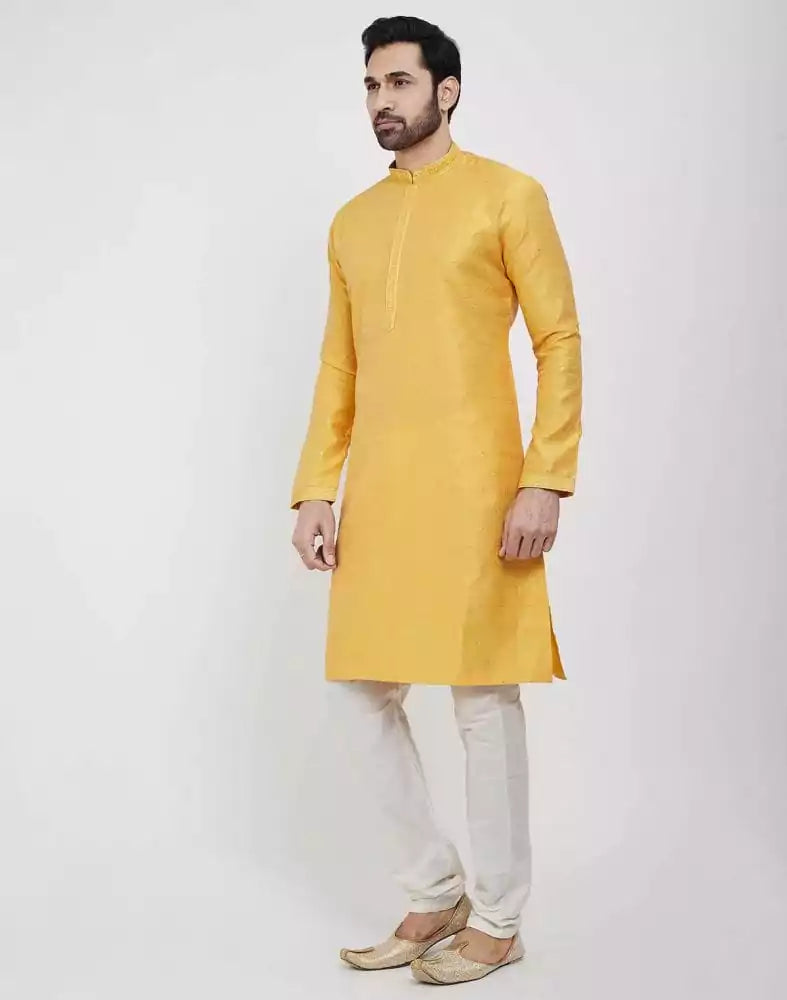 Yellow Thread &amp; Sequence Work Kurta Pajama Set