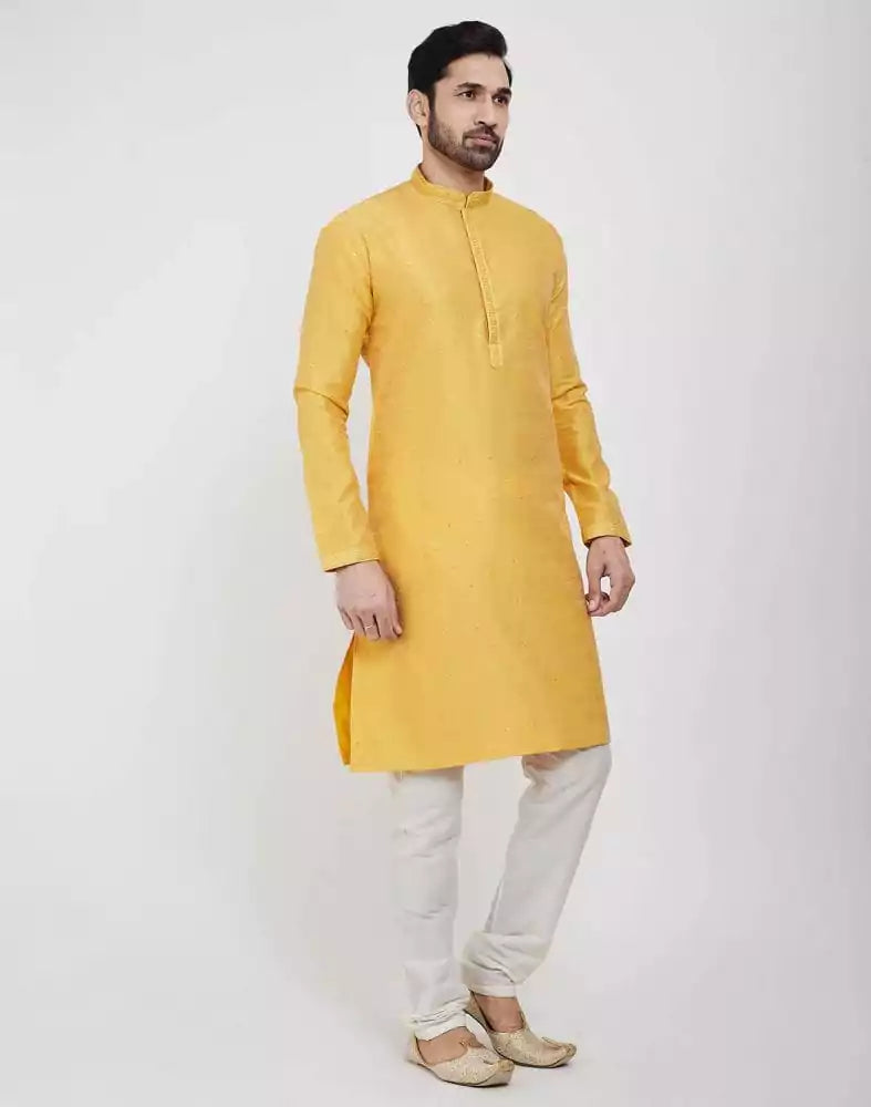 Yellow Thread &amp; Sequence Work Kurta Pajama Set