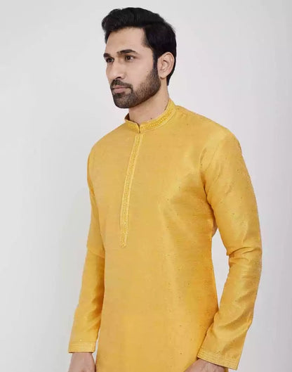 Yellow Thread &amp; Sequence Work Kurta Pajama Set