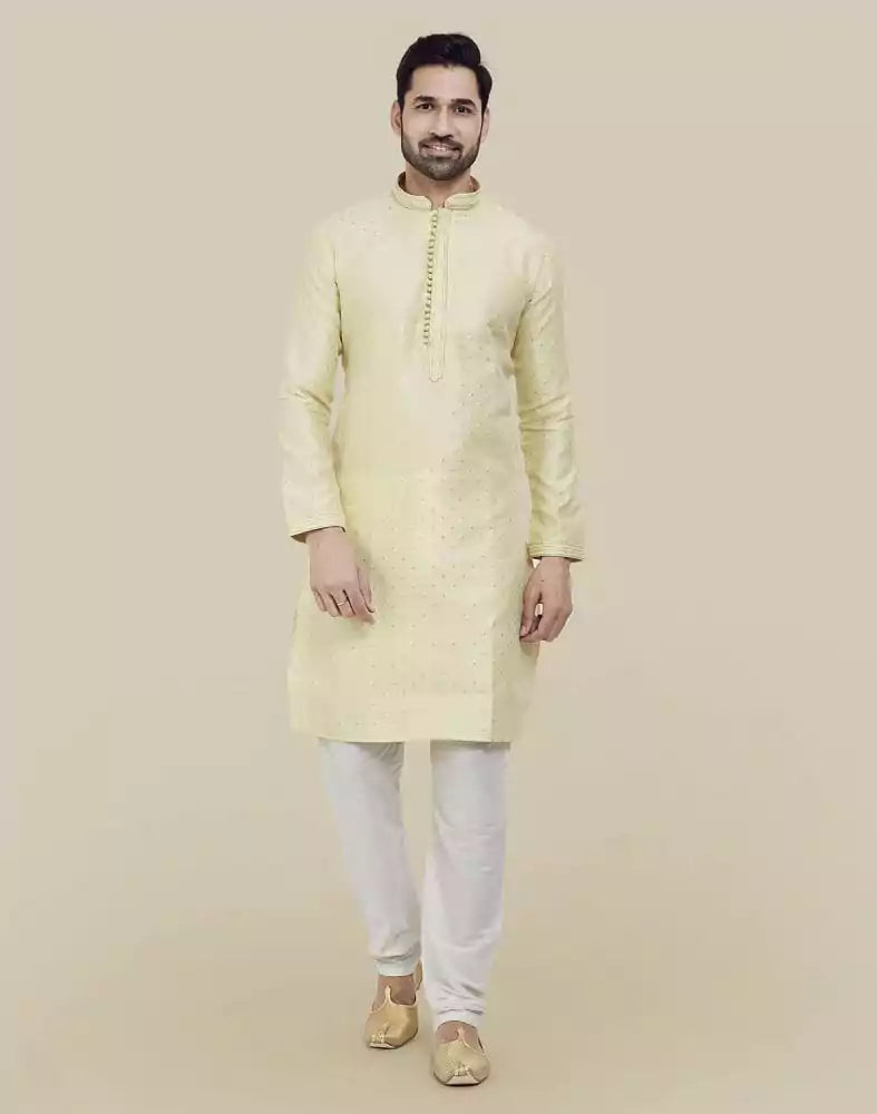 Lemon Self Brocade Jacquard Kurta Pajama Set