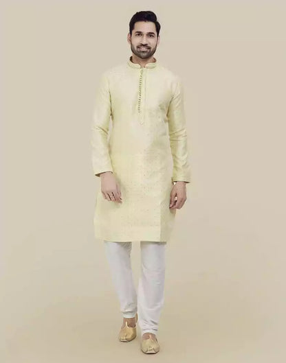 Lemon Self Brocade Jacquard Kurta Pajama Set