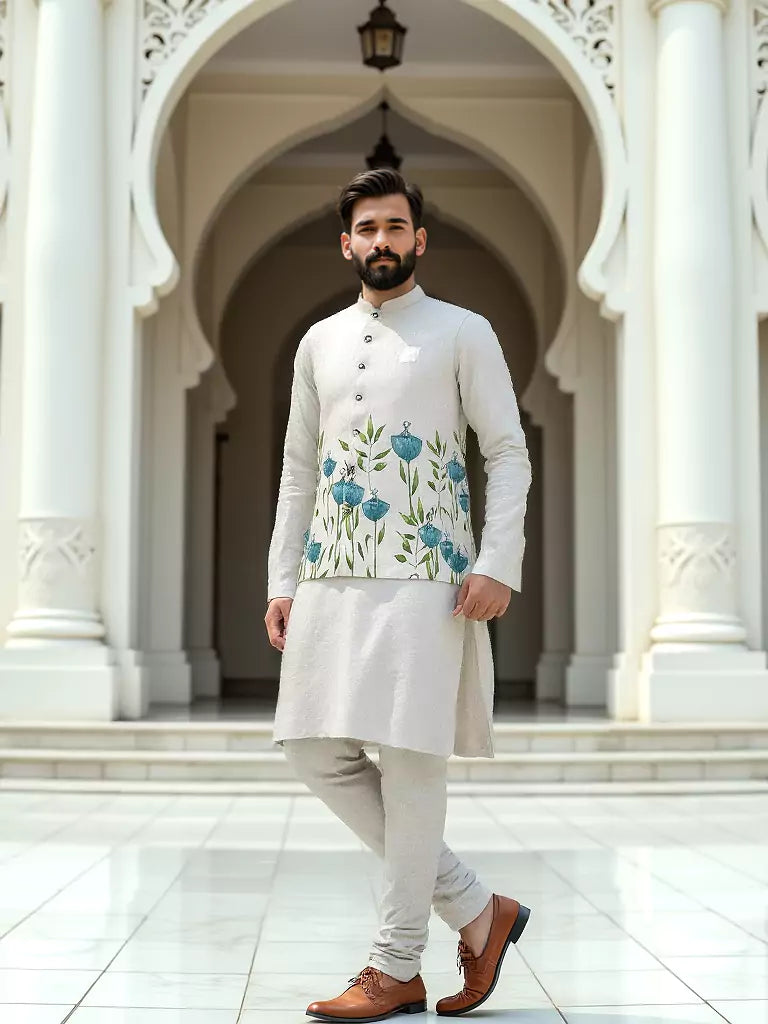 Light Cream Floral Printed Linen Fabric Kurta Jacket Set