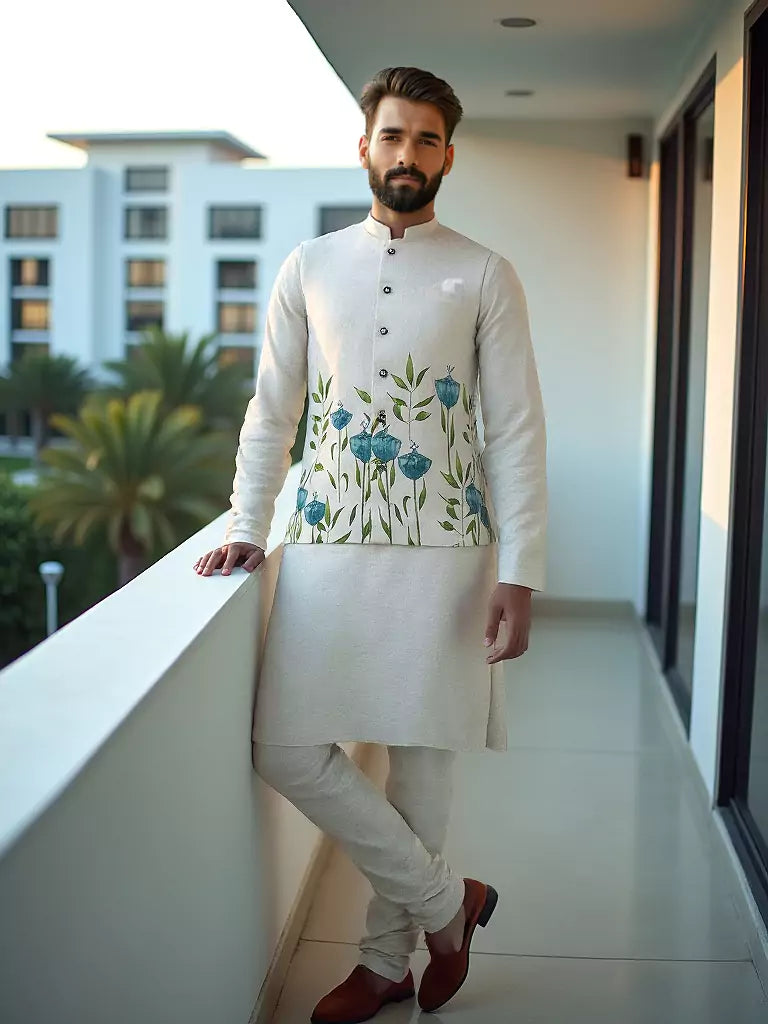 Light Cream Floral Printed Linen Fabric Kurta Jacket Set