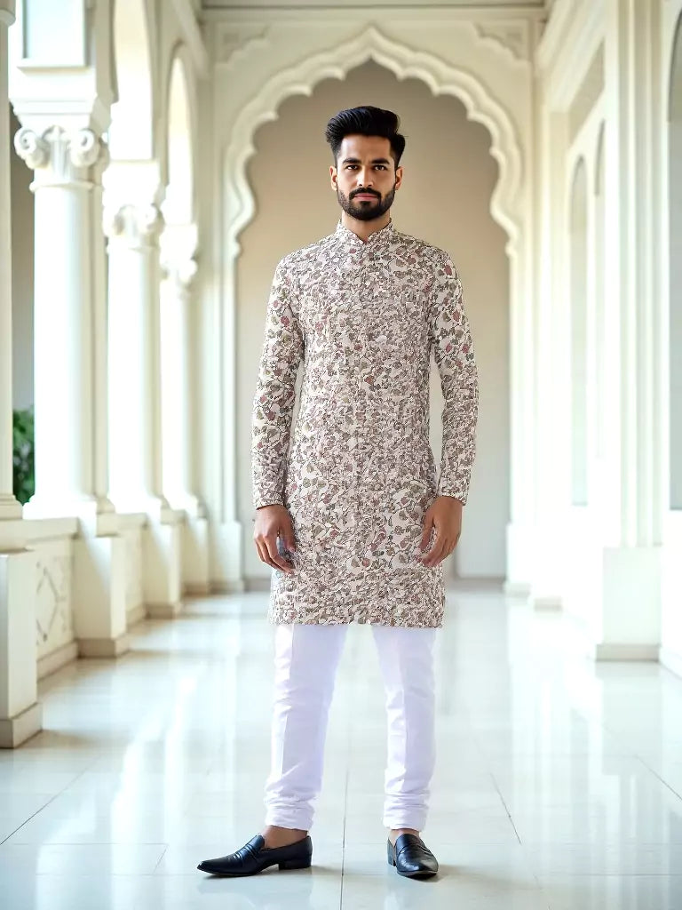 Dark Fawn Floral with Birds Printed Cotton Kurta