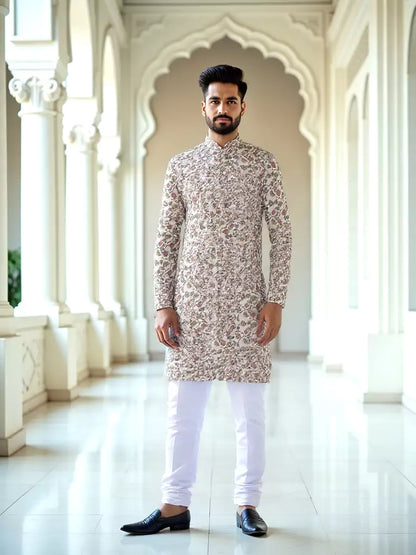 Dark Fawn Floral with Birds Printed Cotton Kurta