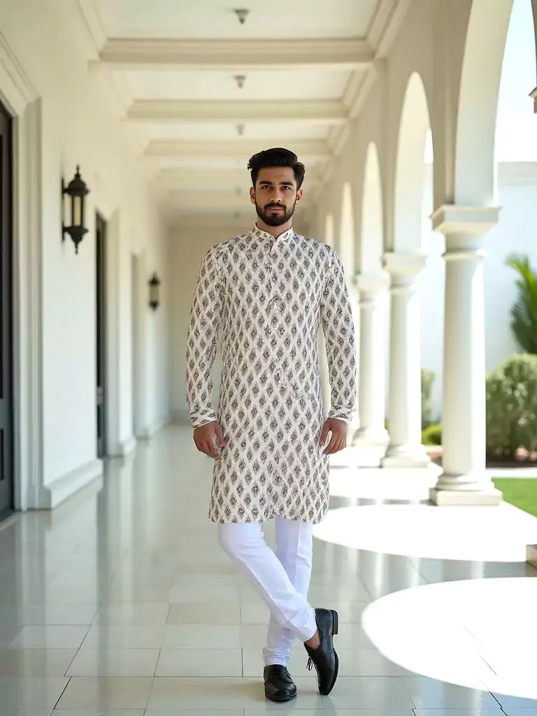 Fawn Coloured Ikat Print Cotton Kurta