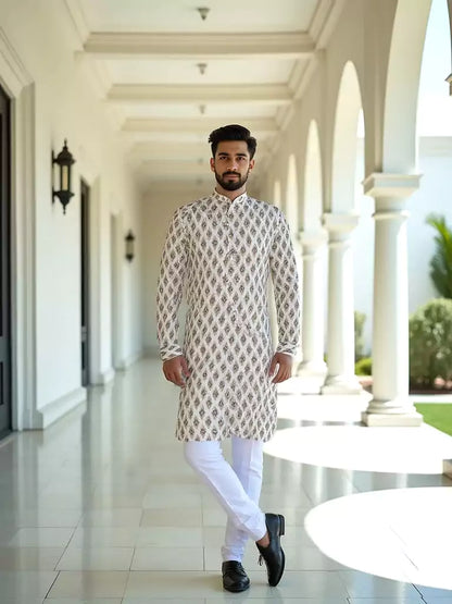 Fawn Coloured Ikat Print Cotton Kurta