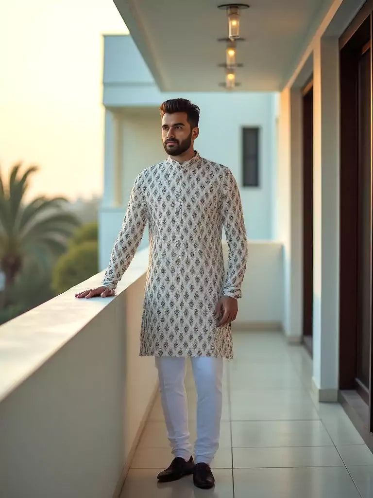 Fawn Coloured Ikat Print Cotton Kurta
