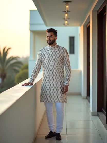 Fawn Coloured Ikat Print Cotton Kurta