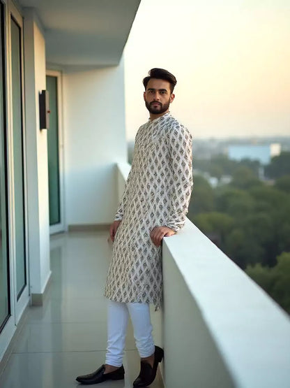 Fawn Coloured Ikat Print Cotton Kurta