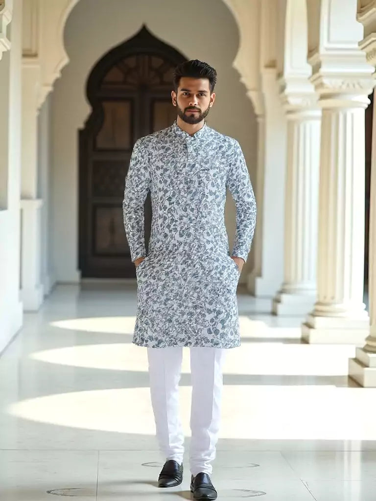 Navy Blue Floral with Birds Printed Cotton Kurta