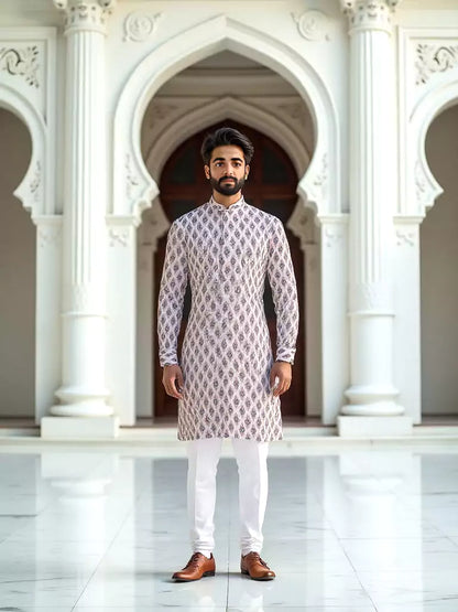 Pink Ikat Print Cotton Kurta for Men