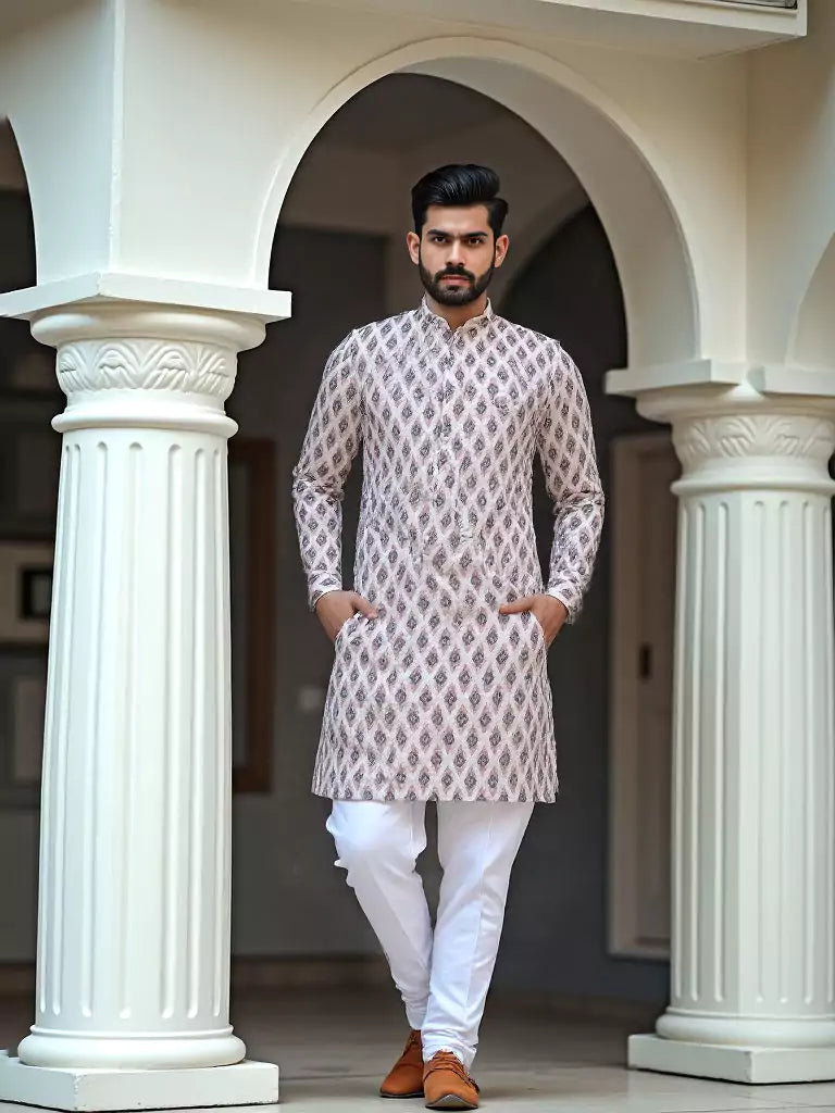 Pink Ikat Print Cotton Kurta for Men