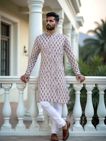 Pink Ikat Print Cotton Kurta for Men