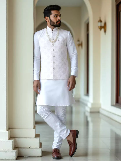 Milky Silk Floral Pattern Heavy Sequence Work Cream Kurta Set