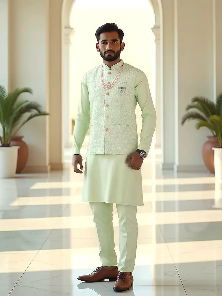 Pista Green Self Design Milky Silk Embellished Work Kurta Set With Mala