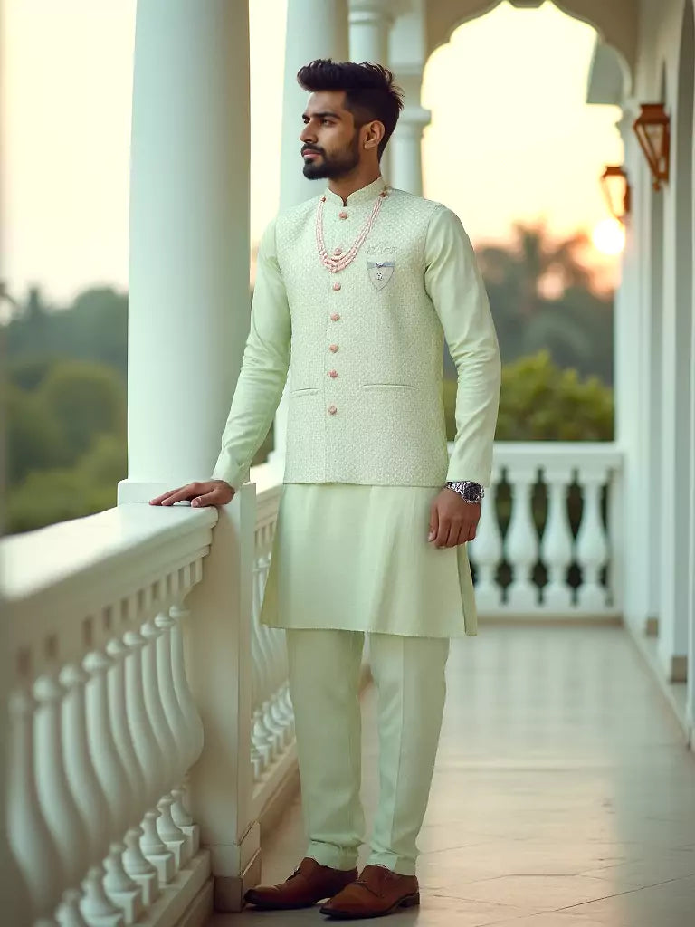 Pista Green Self Design Milky Silk Embellished Work Kurta Set With Mala