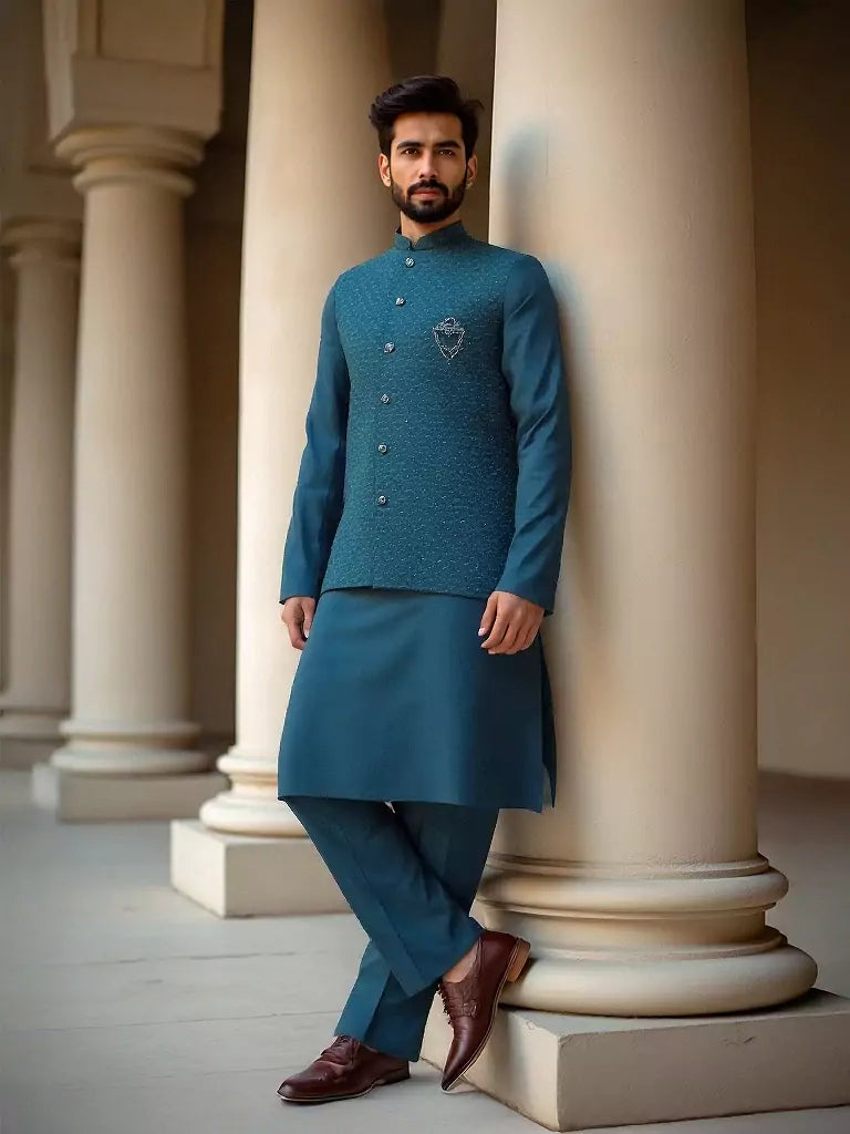 Peacock Self Thread Embroidery Work Milky Silk Kurta Jacket Set