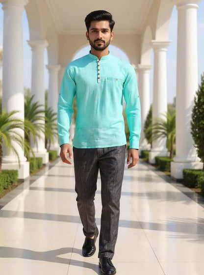 Firozi Colour Linen Plain Short Kurta