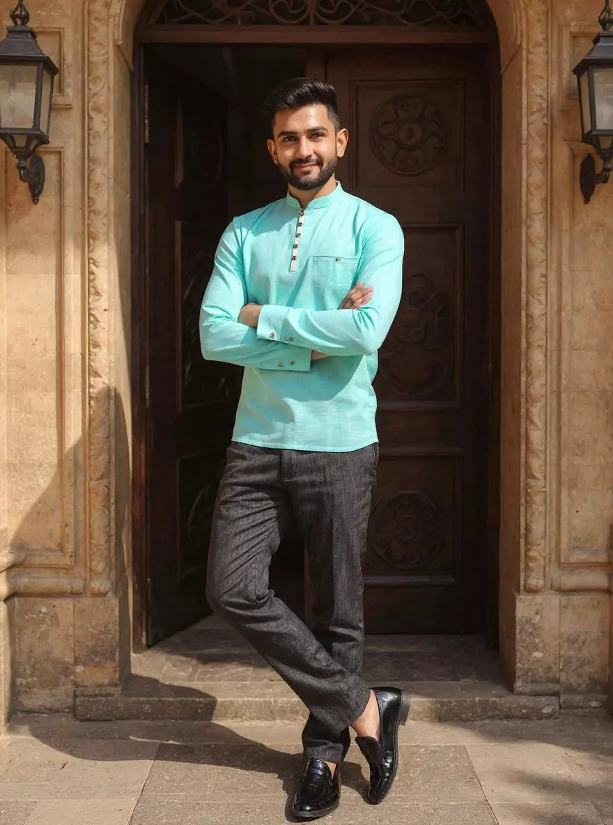 Firozi Colour Linen Plain Short Kurta
