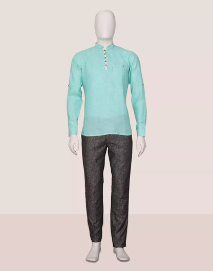 Firozi Colour Linen Plain Short Kurta